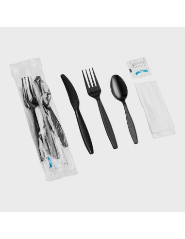 Black Heavy Weight Wrapped Plastic Cutlery Pack with Napkin and Salt and Pepper Packets - 250/Case