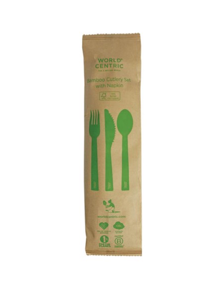 6.7" Bamboo Utensil Sets Individually Wrapped W/Napkin | 250 Count