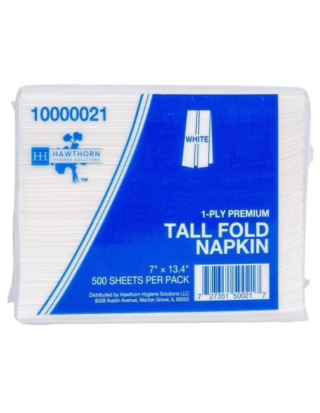 Hawthorn White 1 Ply Premium Paper Tall Fold Napkin, 7 x 13.4 inch 10000 per case