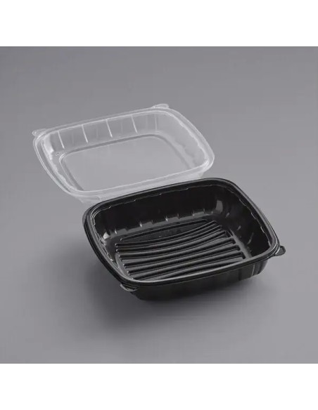 9" x 9" x 3" Microwavable 1-Compartment Black / Clear Plastic Hinged Container - 100/Case