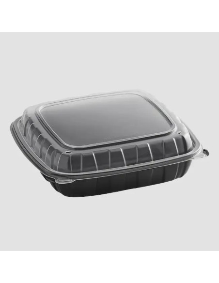 9" x 9" x 3" Microwavable 1-Compartment Black / Clear Plastic Hinged Container - 100/Case