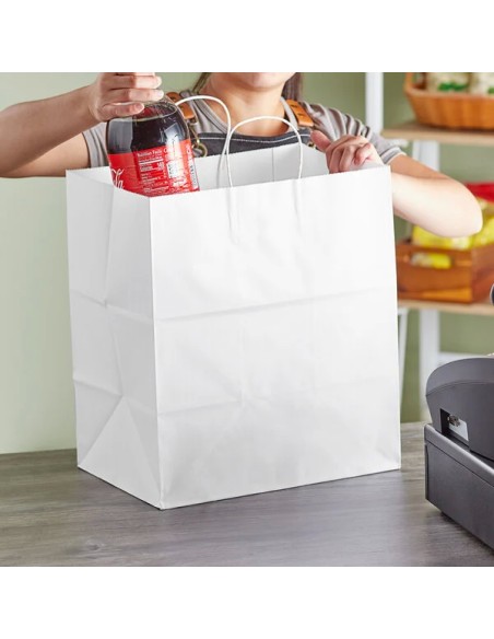 14" x 10" x 15" White Paper Shopping Bag with Handles - 200/Case
