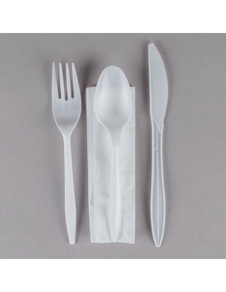 Medium Weight White Wrapped Plastic Cutlery 4 Set with Napkin 500/Case