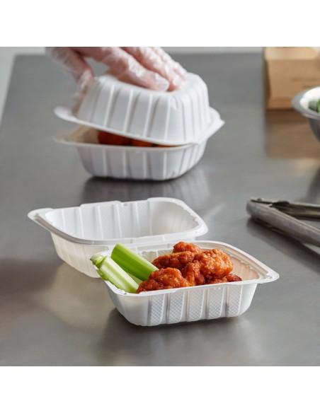 6" x 6" 1-Compartment Microwavable White Mineral-Filled Plastic Hinged Take-Out Container - 250/Case