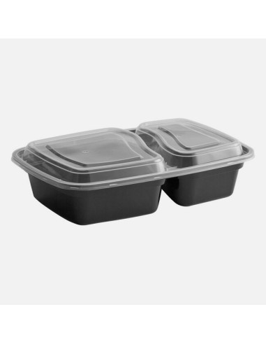 30 oz. Black 8 3/4" x 6" x 2 3/4" 2-Compartment Rectangular Microwavable Heavy Weight Container with Lid - 150/Case